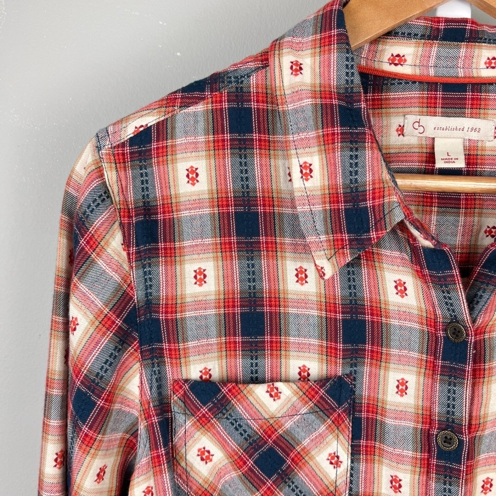 Dressbarn Western Plaid Shirt Top Womens L Red Blue Button Up Long Sleeve - Picture 3 of 6